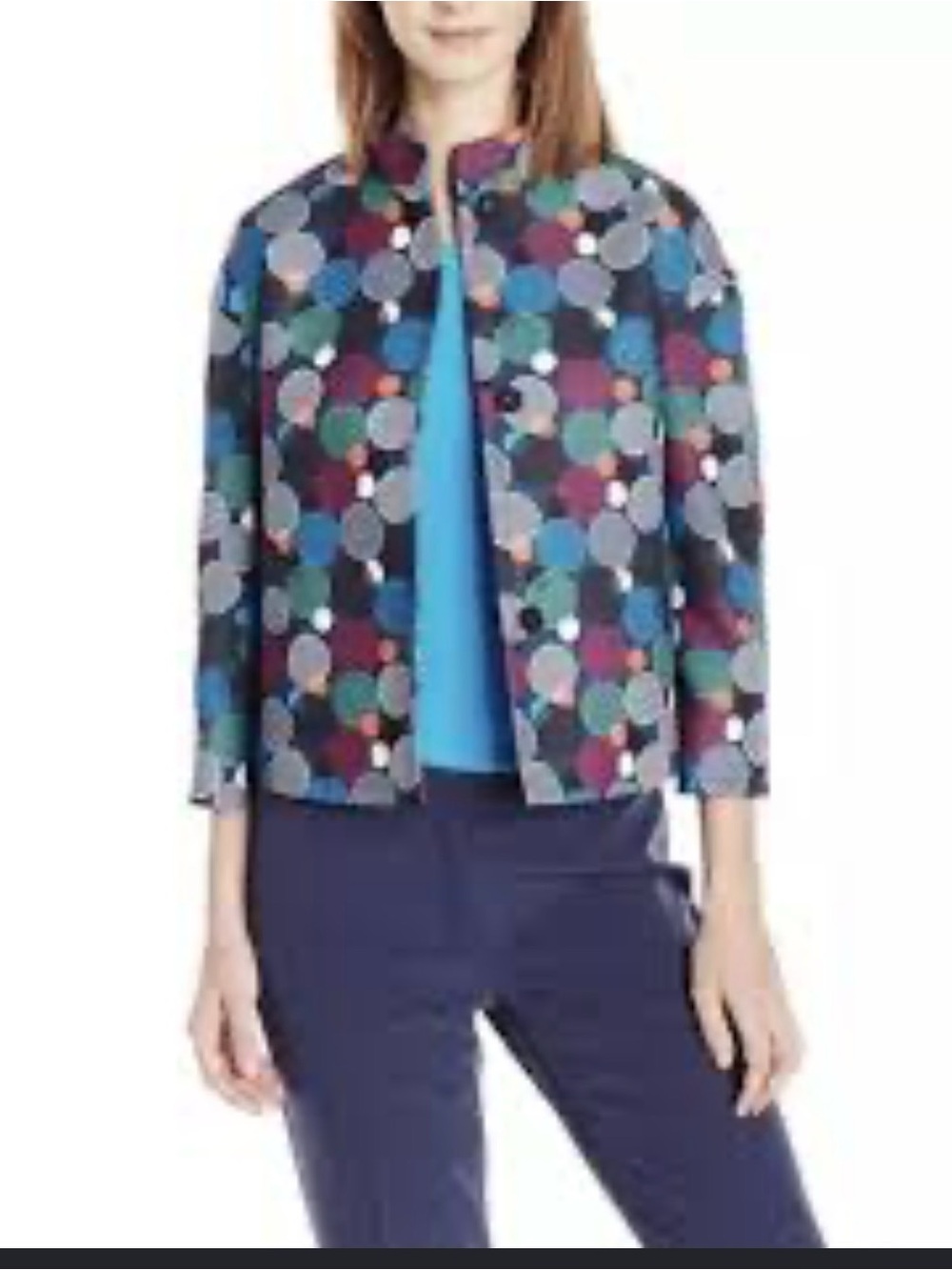 Anne Klein Multicolor Polka Dot Boxy Jacket with Teal Lining